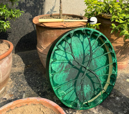 Green glass plate with floral pattern on a stone surface surrounded by potted plants
