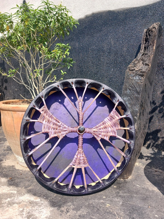 Custom Purple Buffalo Hide Shamanic Drum with Falcon Fire Design & Black Stone