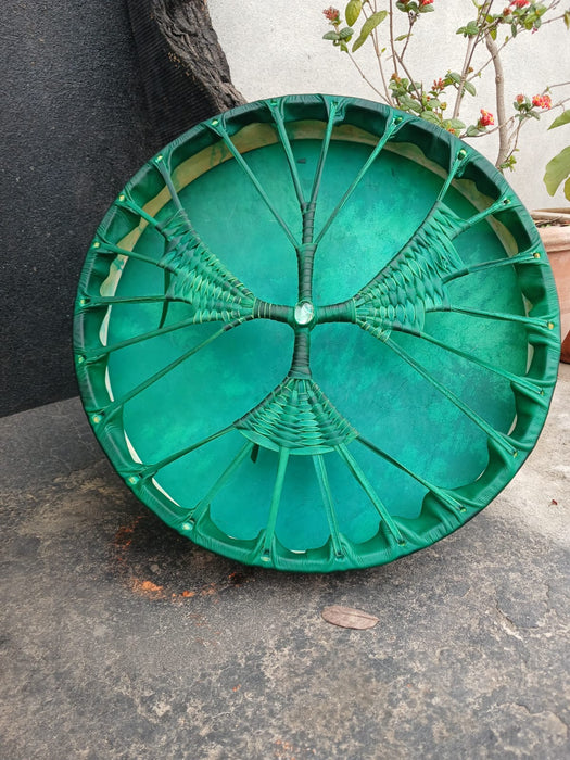 Emerald Green Shamanic Drum – Falcon Handle Design | Handcrafted Buffalo Hide Medicine Drum
