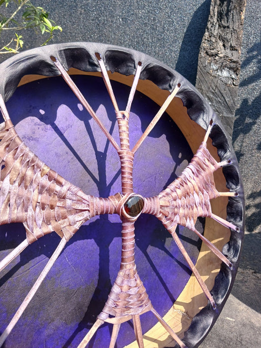 Custom Purple Buffalo Hide Shamanic Drum with Falcon Fire Design & Black Stone